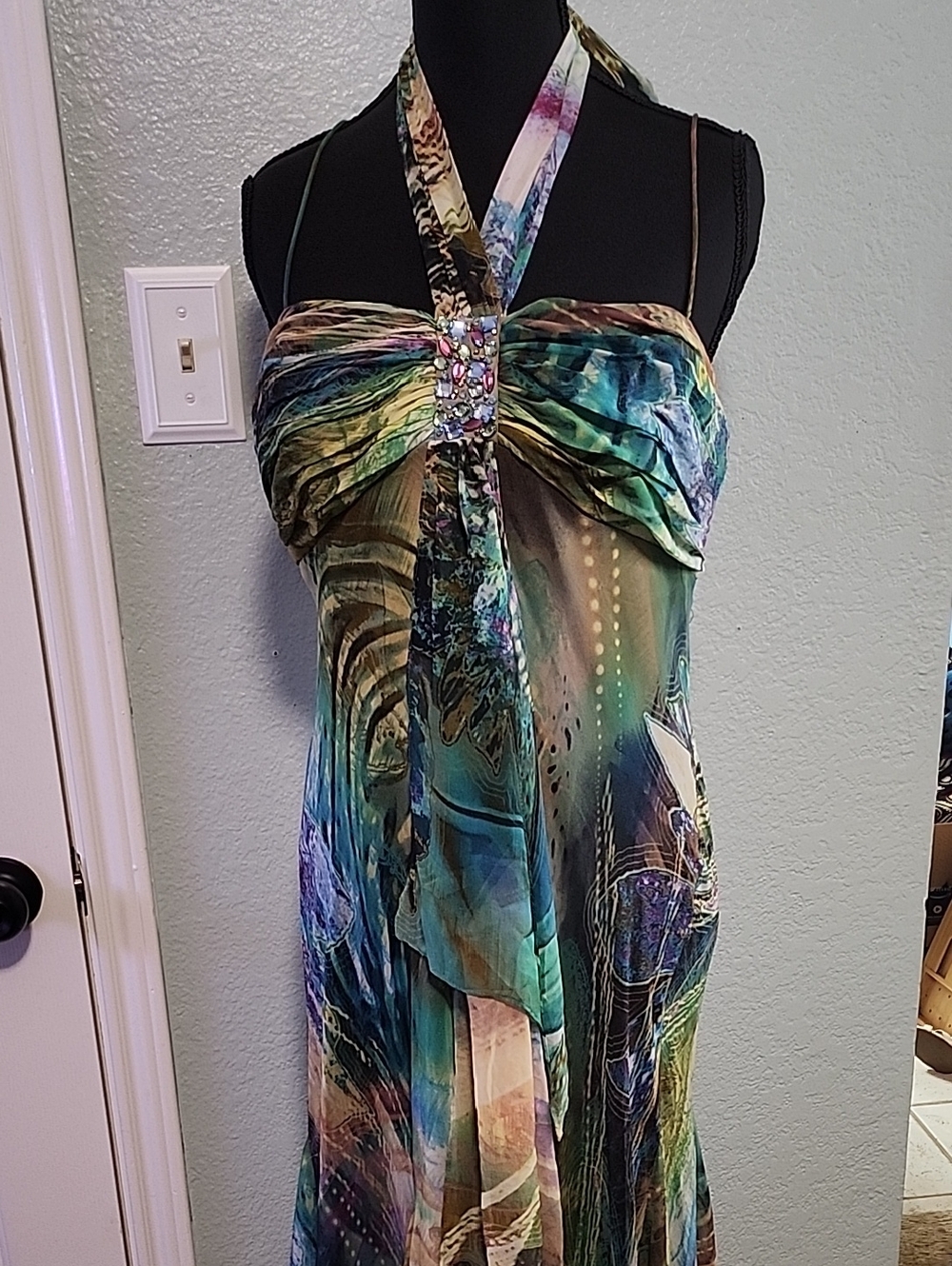 Camille La Vie Multicolor One-Shoulder Halter Dress with Jewel Accent
